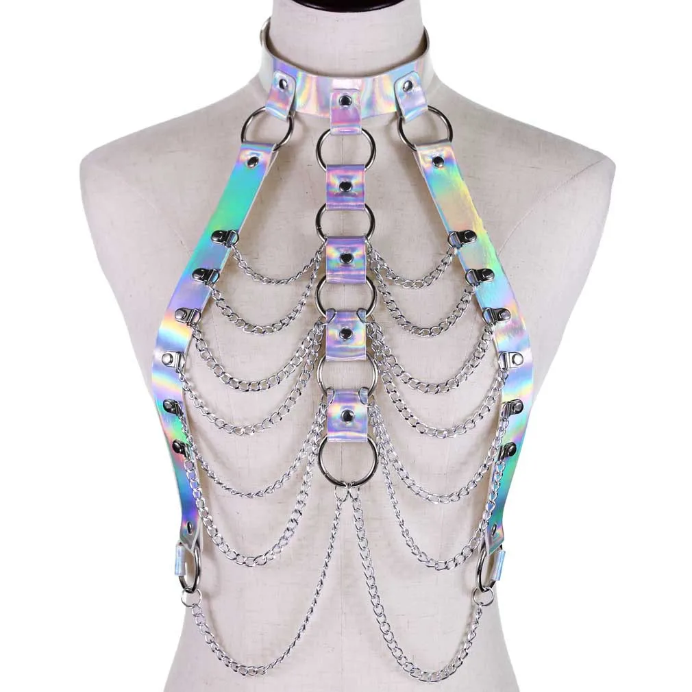 Punk Holographic Body Chain Harness Top Punk Women Holo Rainbow Waist Jewelry Festival Rave Outfit Designer Belt Women