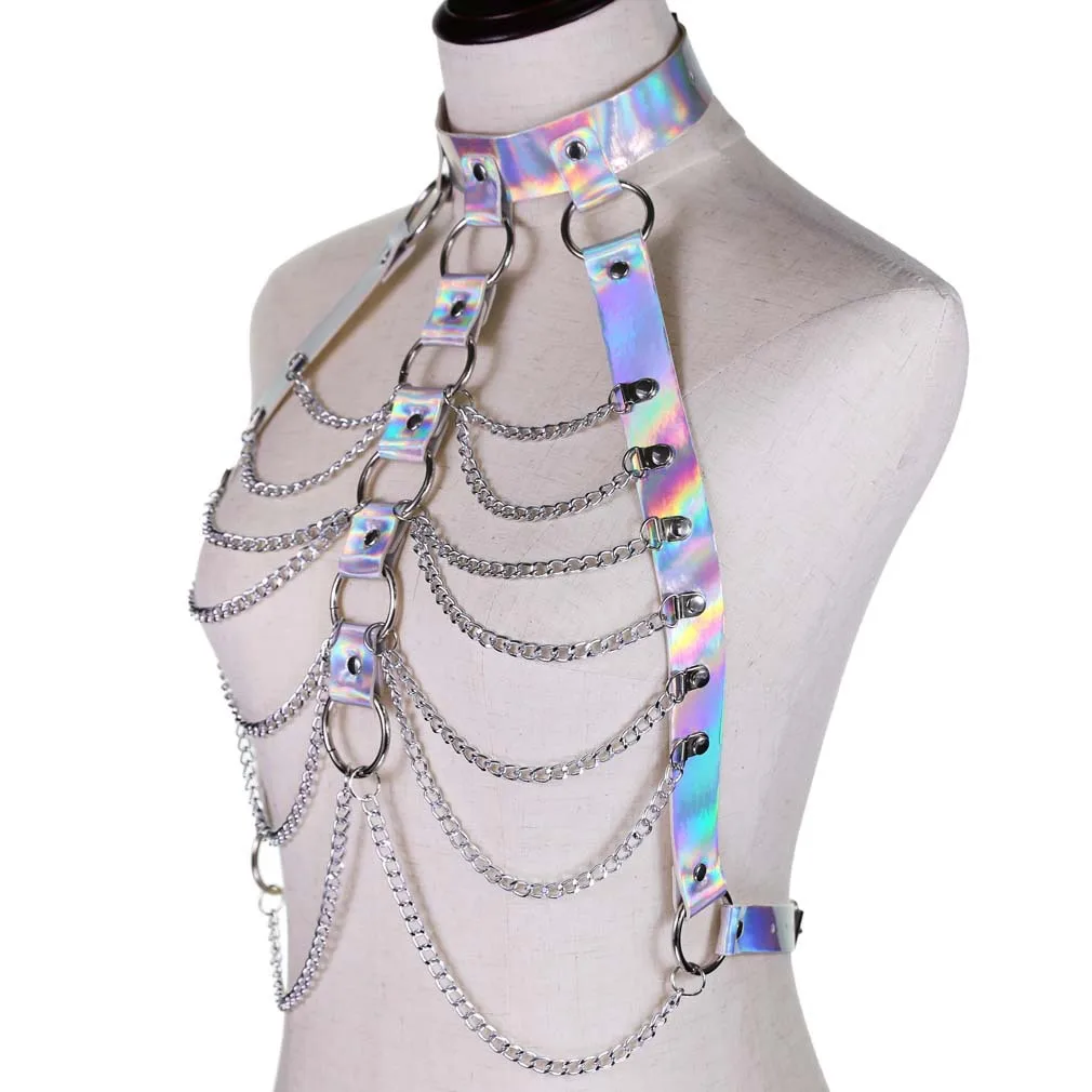 Punk Holographic Body Chain Harness Top Punk Women Holo Rainbow Waist Jewelry Festival Rave Outfit Designer Belt Women