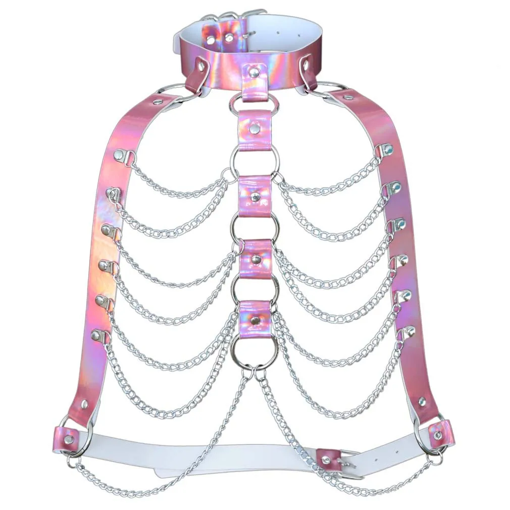 Punk Holographic Body Chain Harness Top Punk Women Holo Rainbow Waist Jewelry Festival Rave Outfit Designer Belt Women