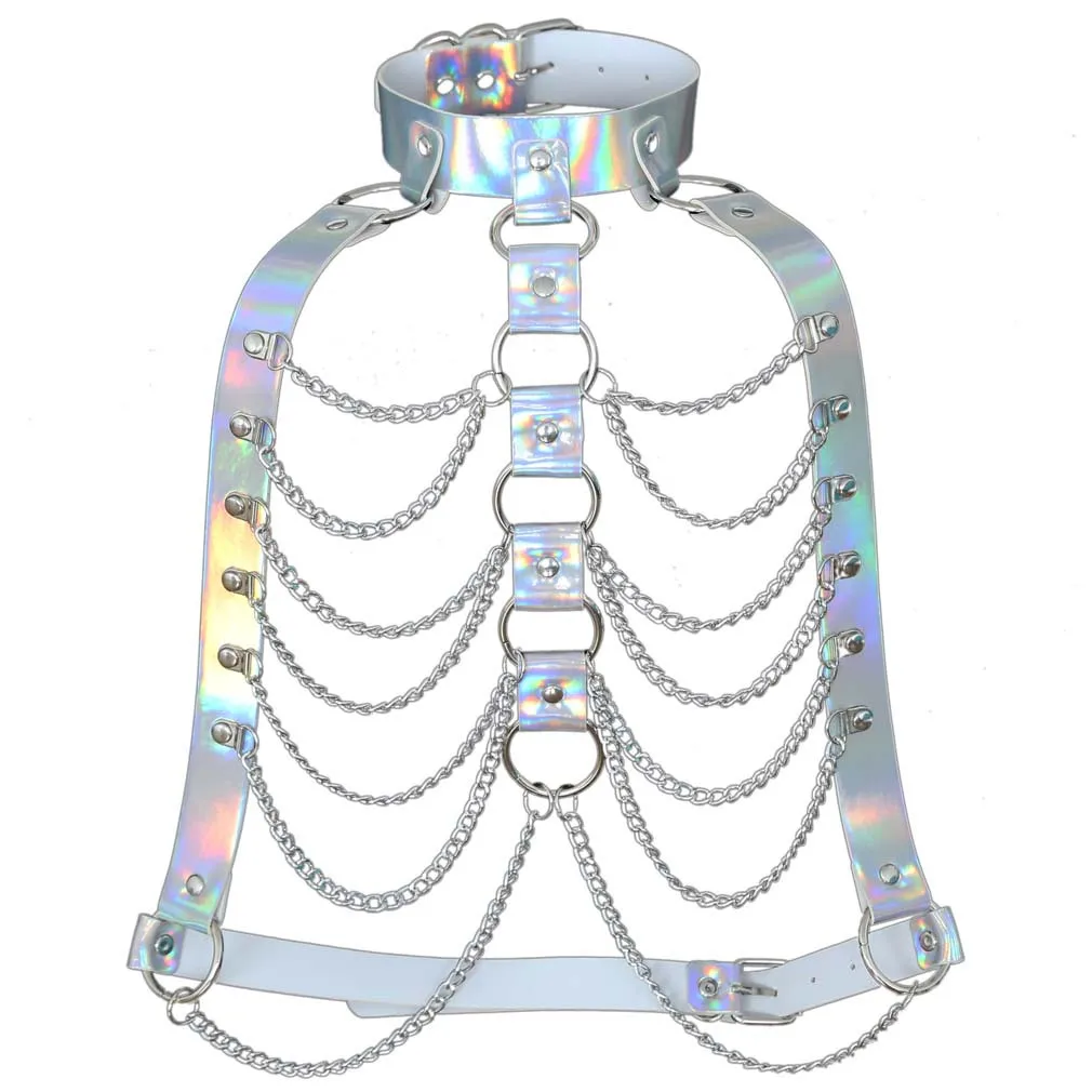Punk Holographic Body Chain Harness Top Punk Women Holo Rainbow Waist Jewelry Festival Rave Outfit Designer Belt Women