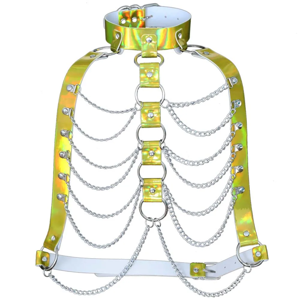 Punk Holographic Body Chain Harness Top Punk Women Holo Rainbow Waist Jewelry Festival Rave Outfit Designer Belt Women