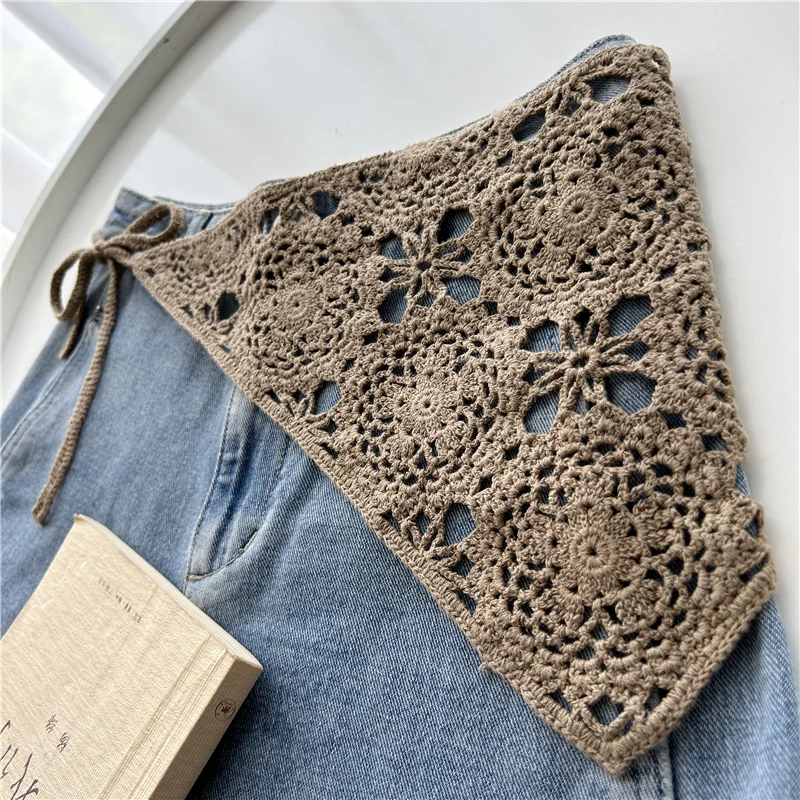 Retro Waist Crochet Stacked Triangular Towel Fart Curtain Knitted Fringed Waist Seal Women's Belt with Pants Headscarf Scarf