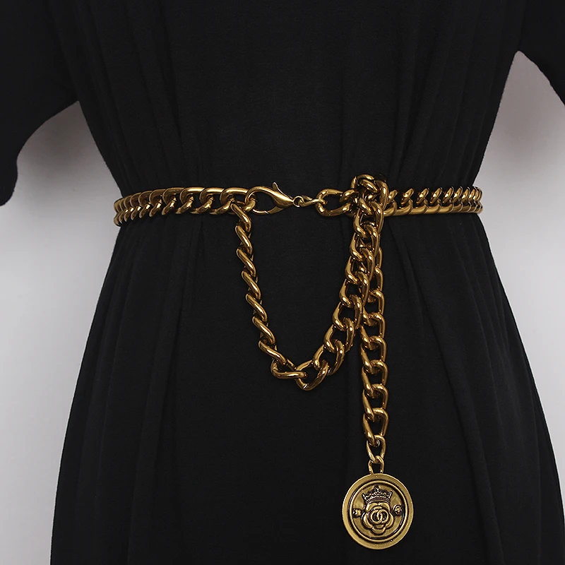 2021 Vintage Bronze Alloy Waist Chain for Women Adjustable Wide Chain Waistband with Statement Ladies Eurpoean Metal Waist Belt