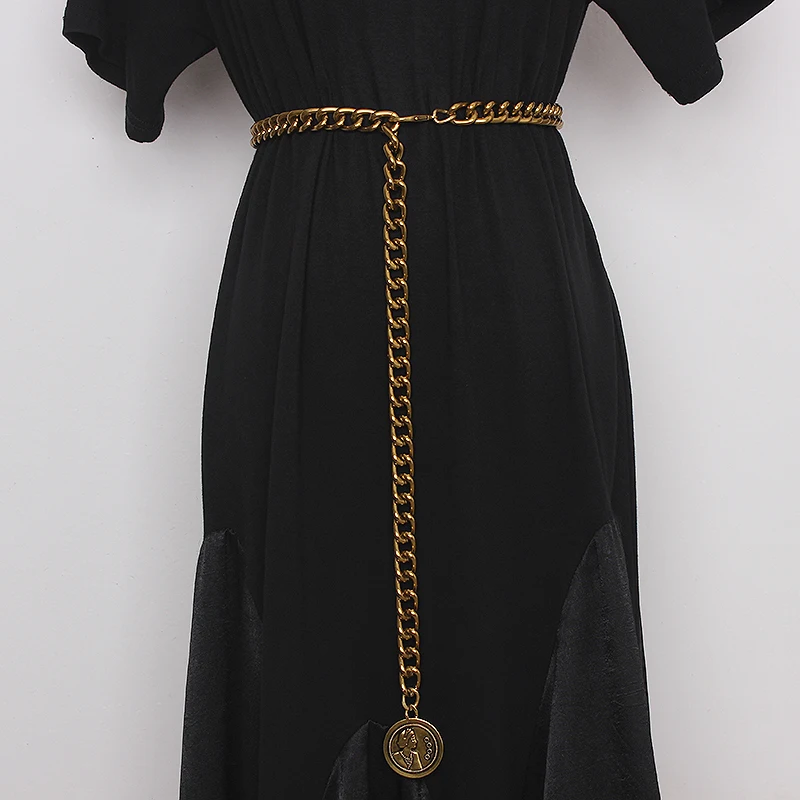 2021 Vintage Bronze Alloy Waist Chain for Women Adjustable Wide Chain Waistband with Statement Ladies Eurpoean Metal Waist Belt