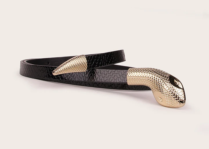 Maikun Snake Buckle Belt For Women Black Mirror Patent Leather Snake Pattern Belt Fashion Exquisite Women's Faux Leather Belt