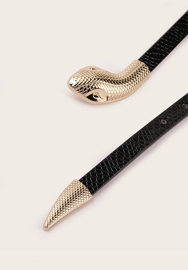 Maikun Snake Buckle Belt For Women Black Mirror Patent Leather Snake Pattern Belt Fashion Exquisite Women's Faux Leather Belt