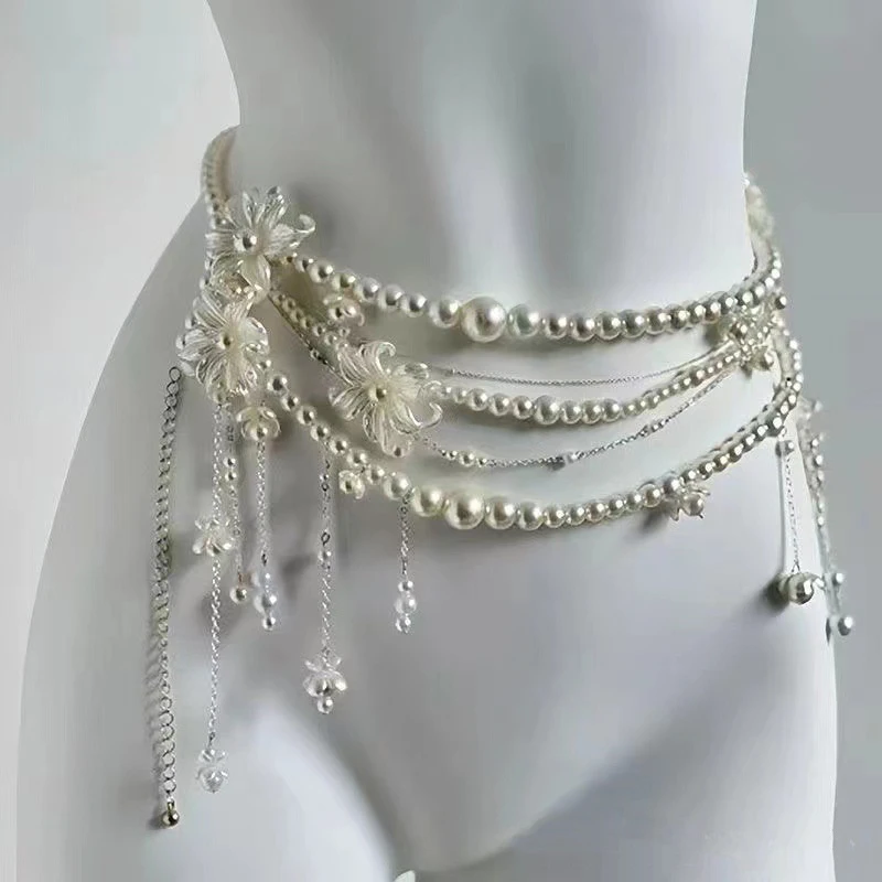 Fashionable Multi-layer Flower Tassel Waist Chain Retro Pearl Waist Chain For Women Girls Body Chain Clothing Accessories Gifts