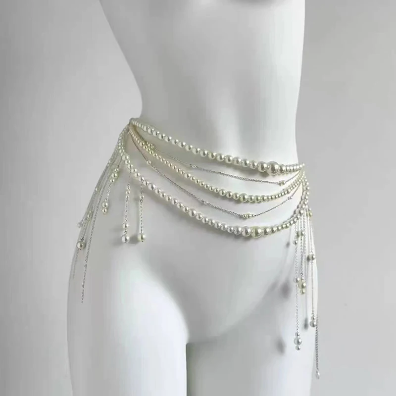 Fashionable Multi-layer Flower Tassel Waist Chain Retro Pearl Waist Chain For Women Girls Body Chain Clothing Accessories Gifts