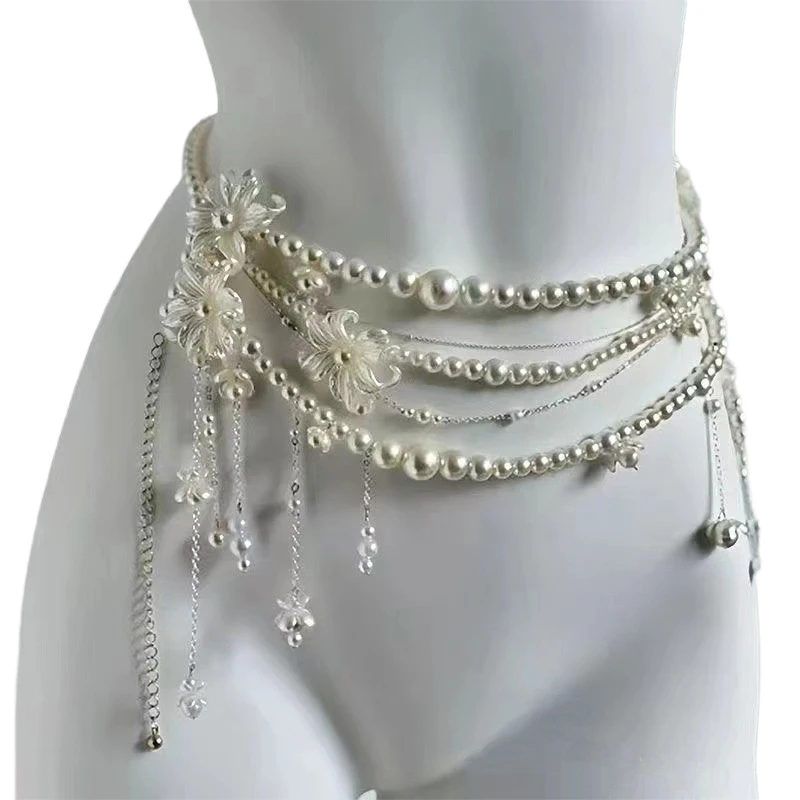 Fashionable Multi-layer Flower Tassel Waist Chain Retro Pearl Waist Chain For Women Girls Body Chain Clothing Accessories Gifts