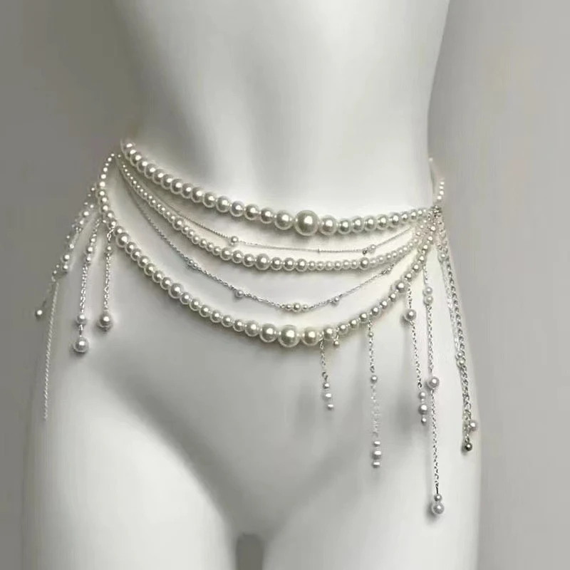 Fashionable Multi-layer Flower Tassel Waist Chain Retro Pearl Waist Chain For Women Girls Body Chain Clothing Accessories Gifts