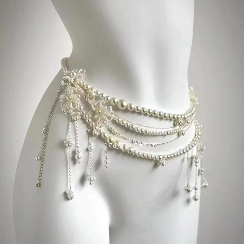 Fashionable Multi-layer Flower Tassel Waist Chain Retro Pearl Waist Chain For Women Girls Body Chain Clothing Accessories Gifts