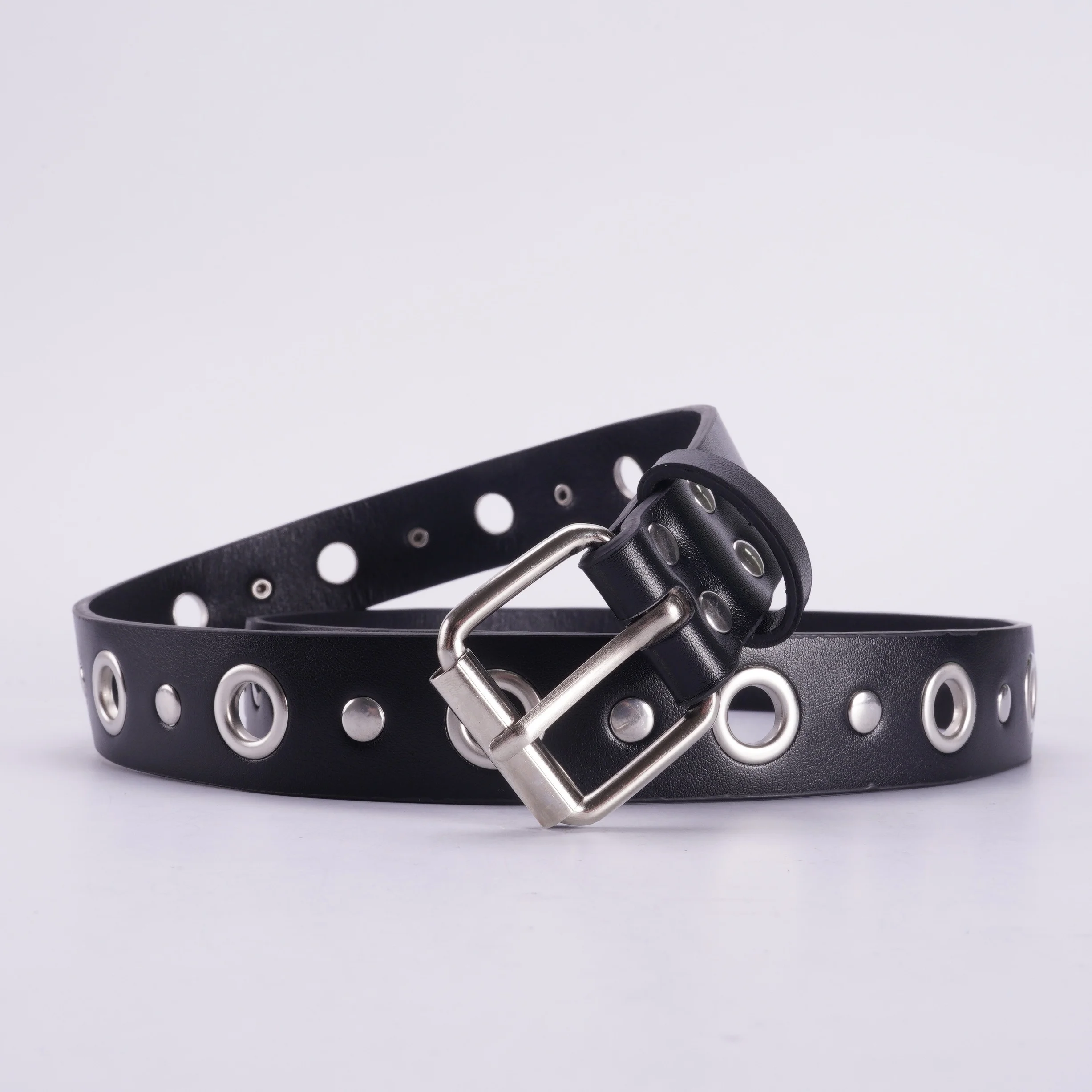 Unisex Black PU Leather Belt with Pin Buckle & Eyelets - Punk Style, for Jeans & Casual Wear