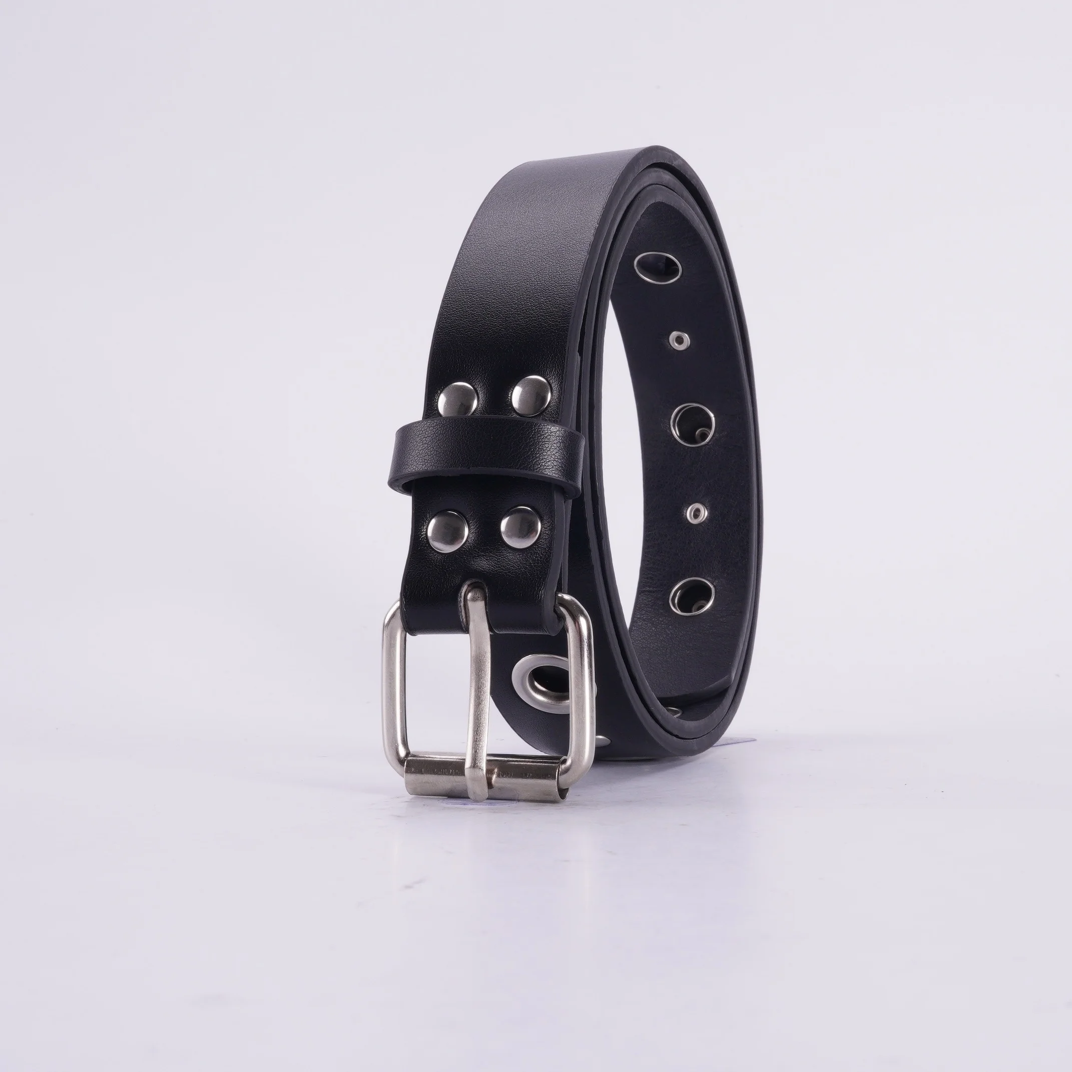 Unisex Black PU Leather Belt with Pin Buckle & Eyelets - Punk Style, for Jeans & Casual Wear