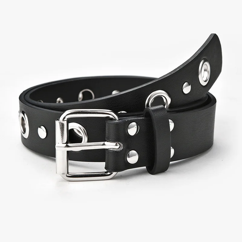 Unisex Black PU Leather Belt with Pin Buckle & Eyelets - Punk Style, for Jeans & Casual Wear