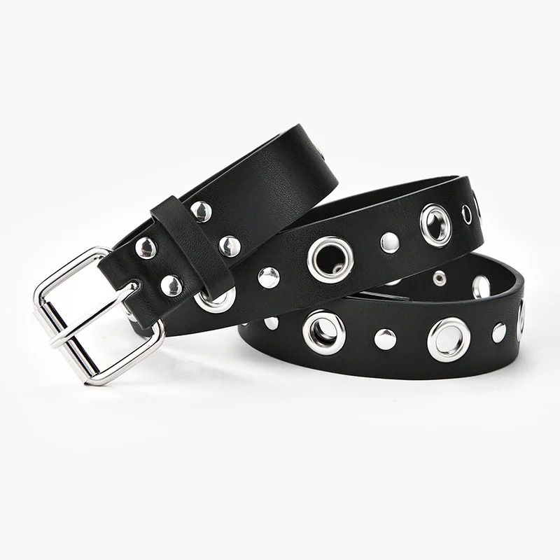 Unisex Black PU Leather Belt with Pin Buckle & Eyelets - Punk Style, for Jeans & Casual Wear