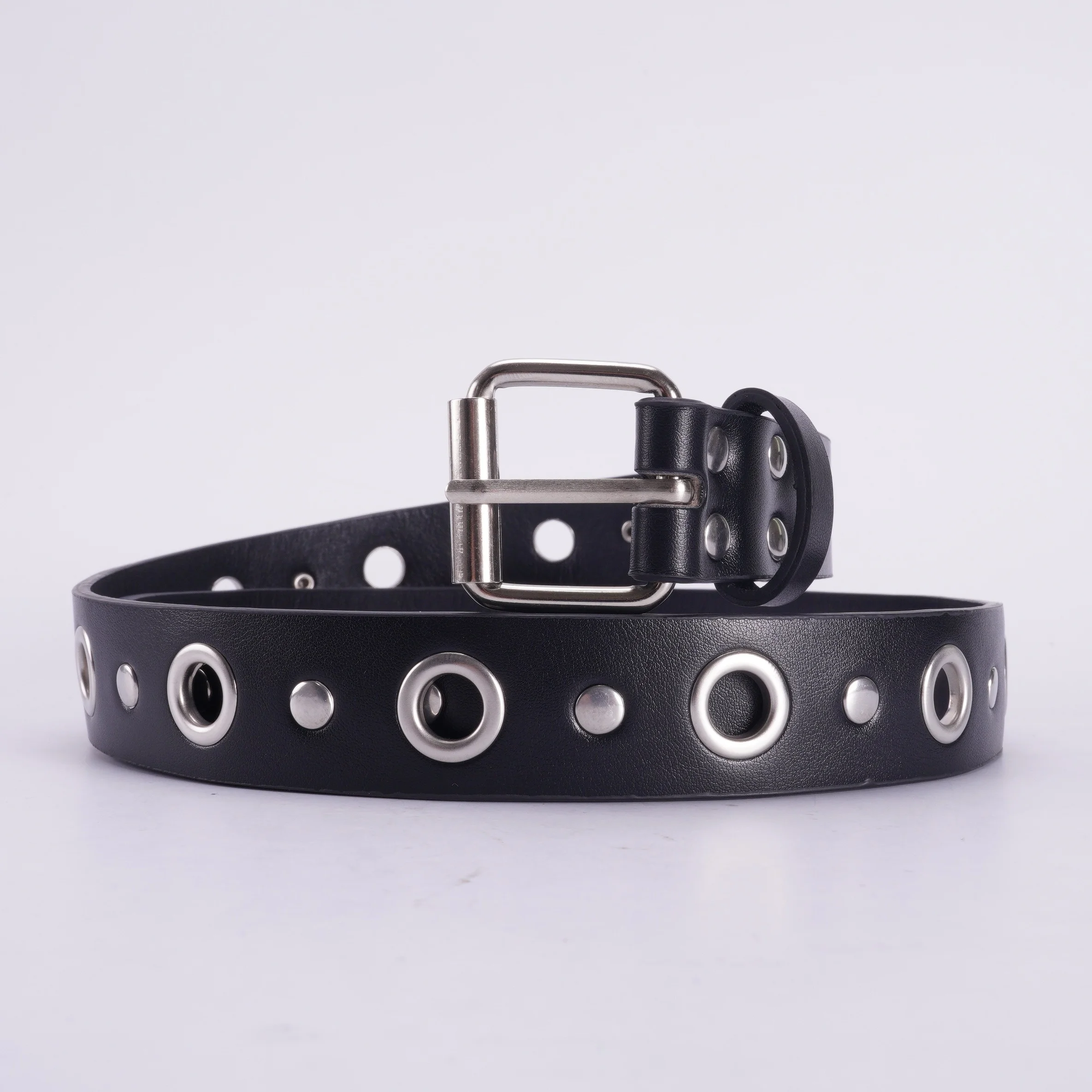 Unisex Black PU Leather Belt with Pin Buckle & Eyelets - Punk Style, for Jeans & Casual Wear