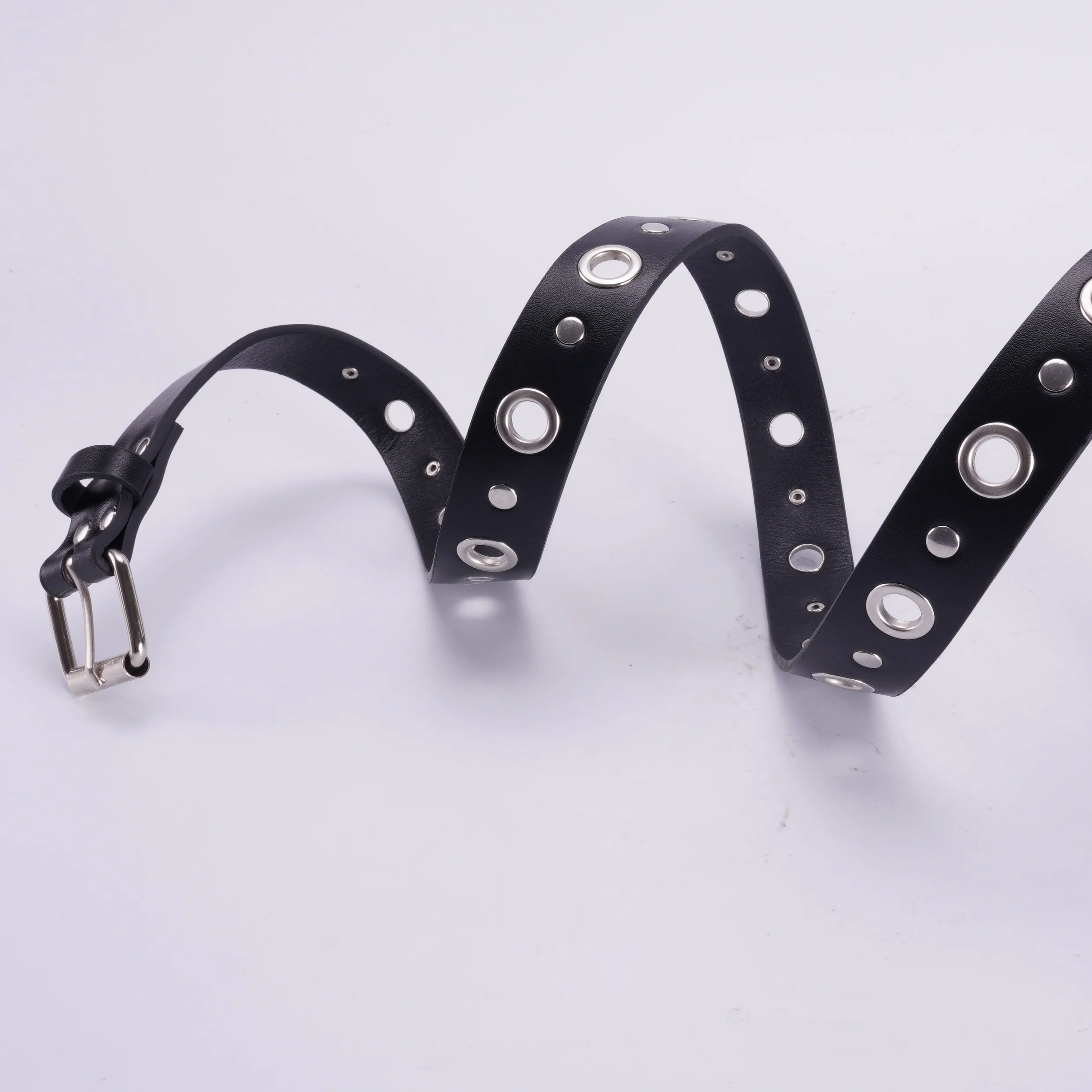 Unisex Black PU Leather Belt with Pin Buckle & Eyelets - Punk Style, for Jeans & Casual Wear