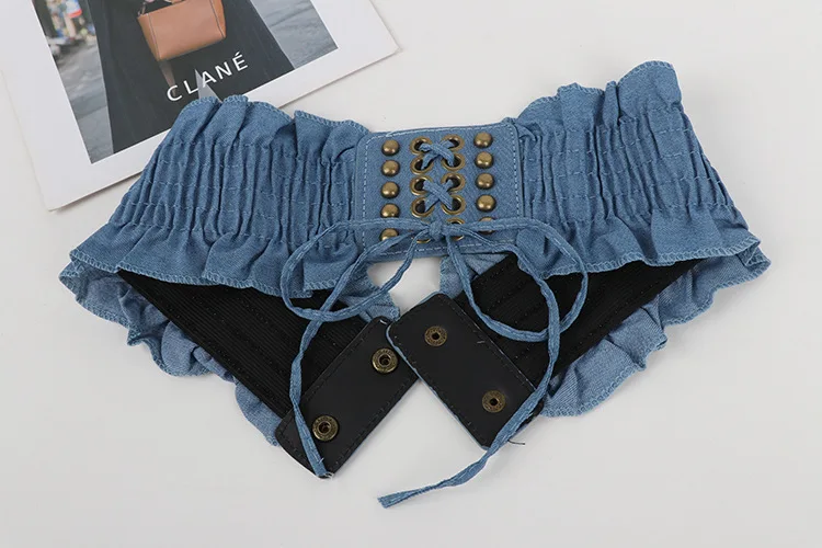 10x66cm Elegant Ruffles Wide Belts Denim Blue Lace Up Waist Belt Vintage Elastic Waistband Casual Dress Coat Girdle For Women