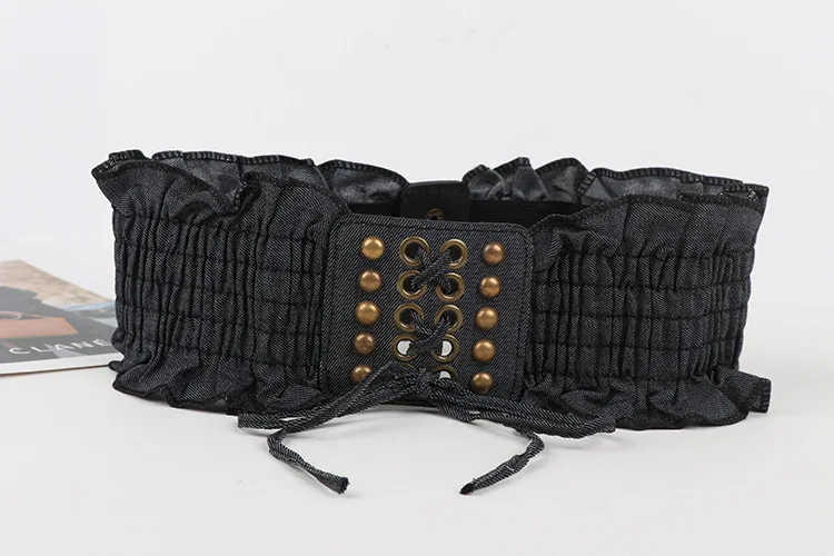 10x66cm Elegant Ruffles Wide Belts Denim Blue Lace Up Waist Belt Vintage Elastic Waistband Casual Dress Coat Girdle For Women
