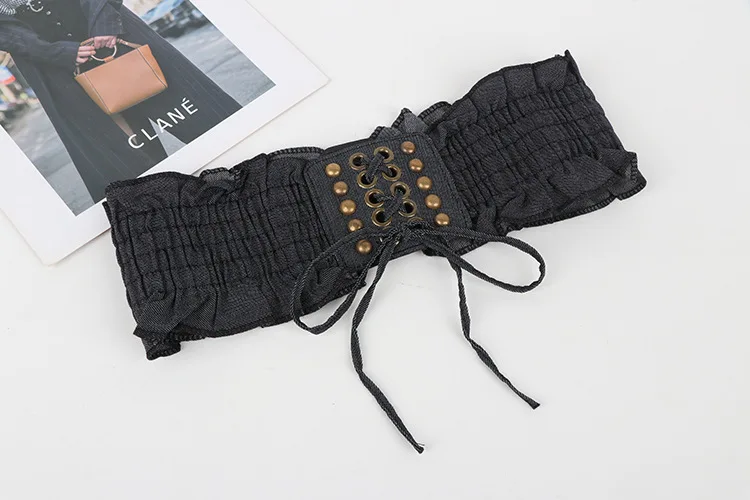 10x66cm Elegant Ruffles Wide Belts Denim Blue Lace Up Waist Belt Vintage Elastic Waistband Casual Dress Coat Girdle For Women