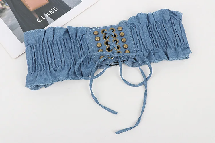 10x66cm Elegant Ruffles Wide Belts Denim Blue Lace Up Waist Belt Vintage Elastic Waistband Casual Dress Coat Girdle For Women