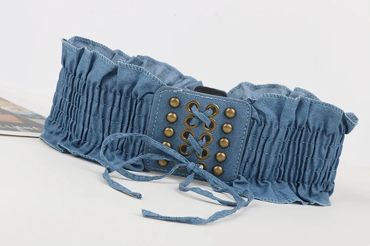 10x66cm Elegant Ruffles Wide Belts Denim Blue Lace Up Waist Belt Vintage Elastic Waistband Casual Dress Coat Girdle For Women