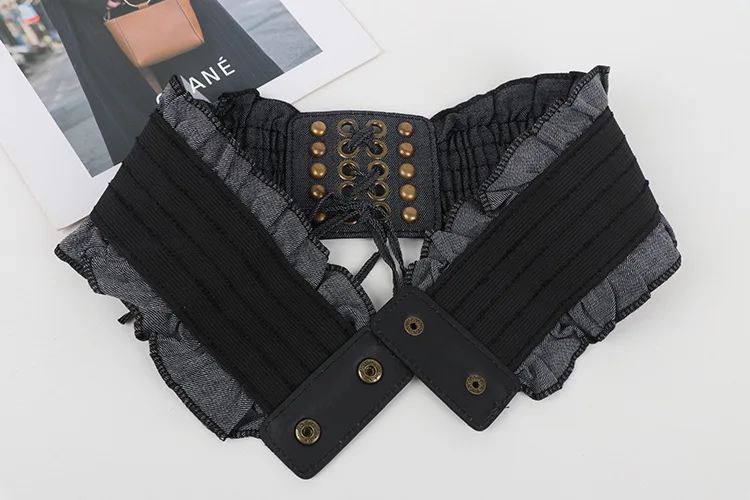 10x66cm Elegant Ruffles Wide Belts Denim Blue Lace Up Waist Belt Vintage Elastic Waistband Casual Dress Coat Girdle For Women