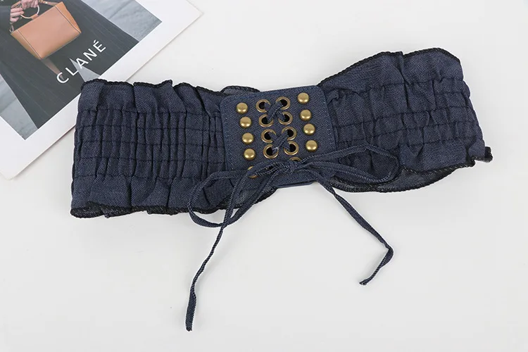 10x66cm Elegant Ruffles Wide Belts Denim Blue Lace Up Waist Belt Vintage Elastic Waistband Casual Dress Coat Girdle For Women