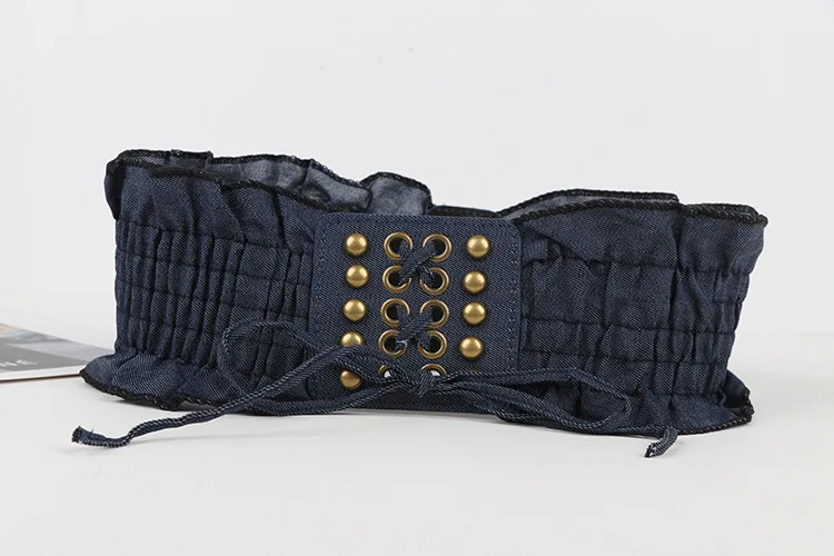10x66cm Elegant Ruffles Wide Belts Denim Blue Lace Up Waist Belt Vintage Elastic Waistband Casual Dress Coat Girdle For Women