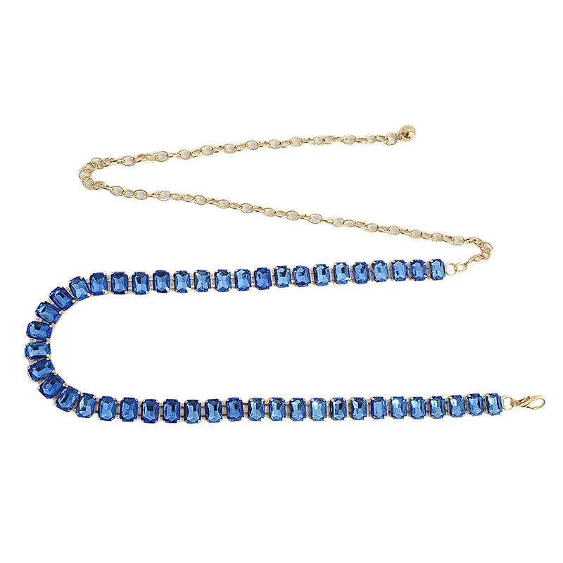 Glamorous Women's Waist Belt Shiny Decorative GImitation Emstones Solid Color Crystal Embedded Metal Chain Waist Jewelry