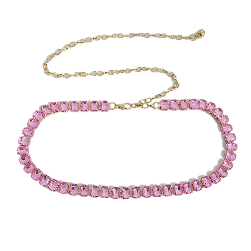 Glamorous Women's Waist Belt Shiny Decorative GImitation Emstones Solid Color Crystal Embedded Metal Chain Waist Jewelry