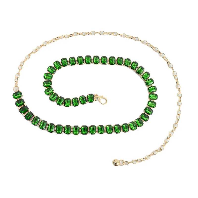 Glamorous Women's Waist Belt Shiny Decorative GImitation Emstones Solid Color Crystal Embedded Metal Chain Waist Jewelry