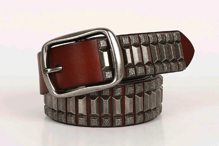 Genuine Leather Belt New Cowboy Motorcycle Jeans Heavy Metal Rivet Belts For Men Punk Rock Male Strap Ceinture Homme