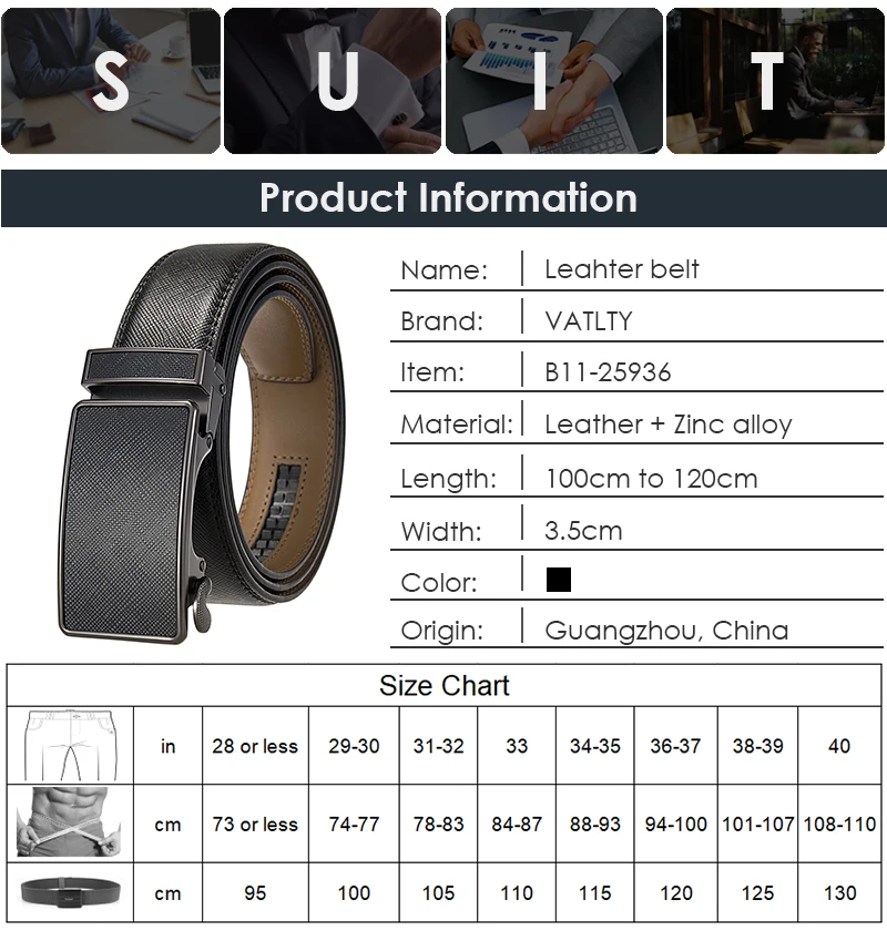 VATLTY 35mm Fashion Leather Belt for Men High Quality Metal Zinc Alloy Automatic Buckle Work Belt Natural Cowhide Trouser Girdle