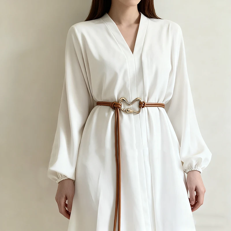 Casual PU Leather Women Thin Belt Long Golden Buckle String Waist Belt Rope Knotted Dress Coat Waistband Ladies Black Straps
