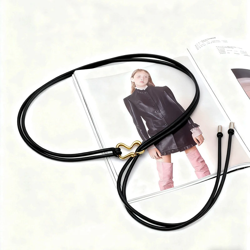 Casual PU Leather Women Thin Belt Long Golden Buckle String Waist Belt Rope Knotted Dress Coat Waistband Ladies Black Straps
