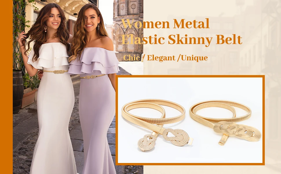 Women's Metal Tight Waistband Dress, Gold Elastic Thin Waistband, Elastic Dress Waistband