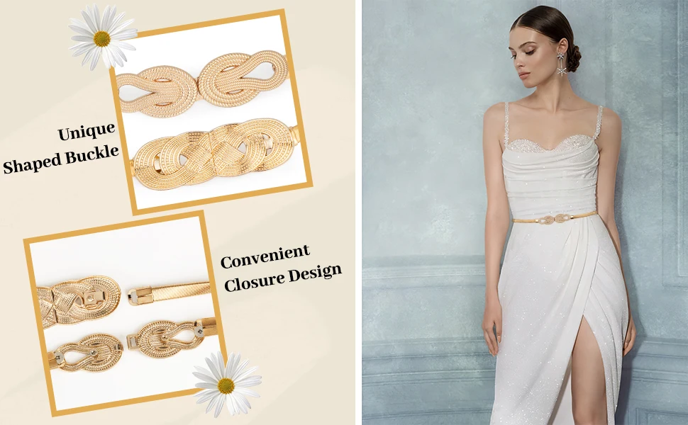 Women's Metal Tight Waistband Dress, Gold Elastic Thin Waistband, Elastic Dress Waistband