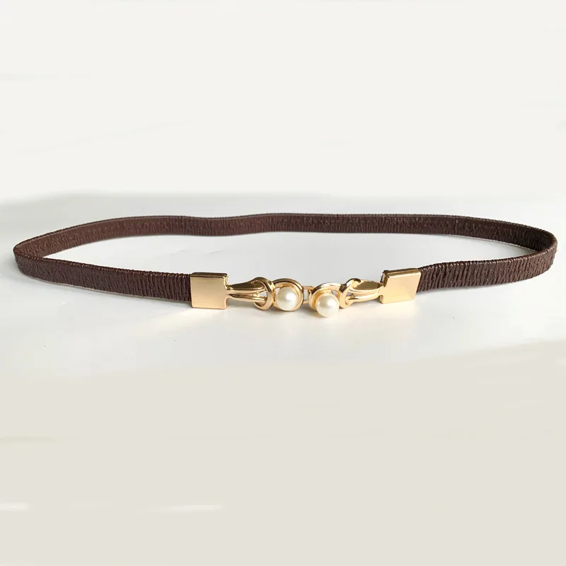 Elegant Double Pearls Buckle Elastic Women Belts Black Thin Straps Lady Girl Dress Skirt Decor Waistbands
