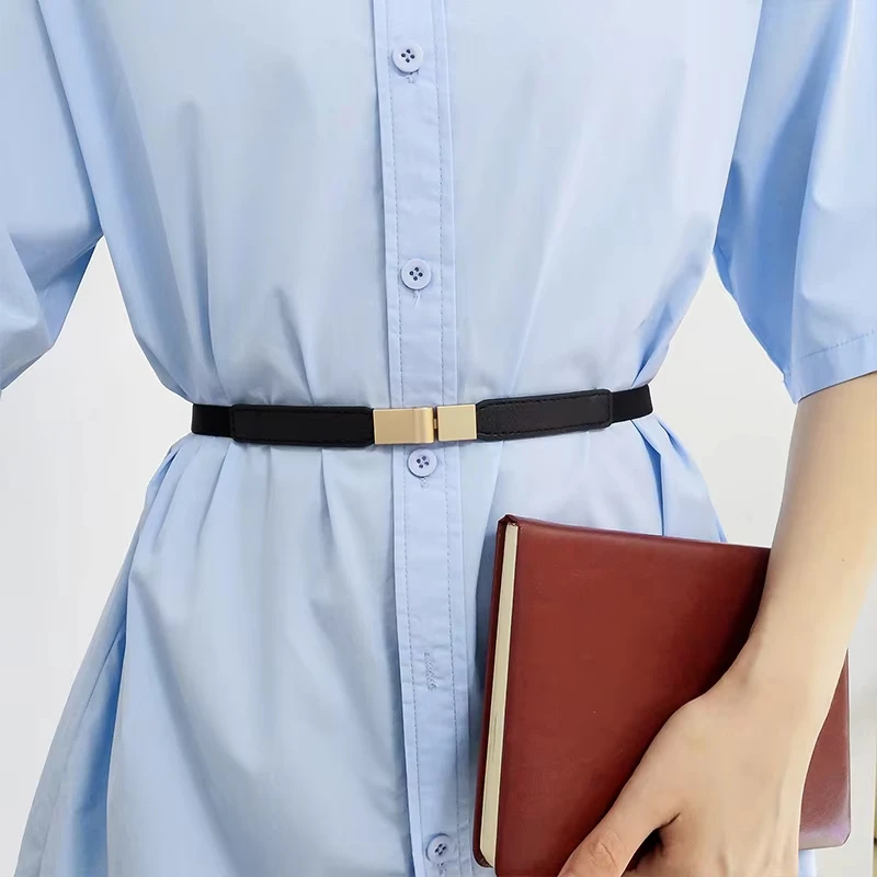 Elegant Double Pearls Buckle Elastic Women Belts Black Thin Straps Lady Girl Dress Skirt Decor Waistbands