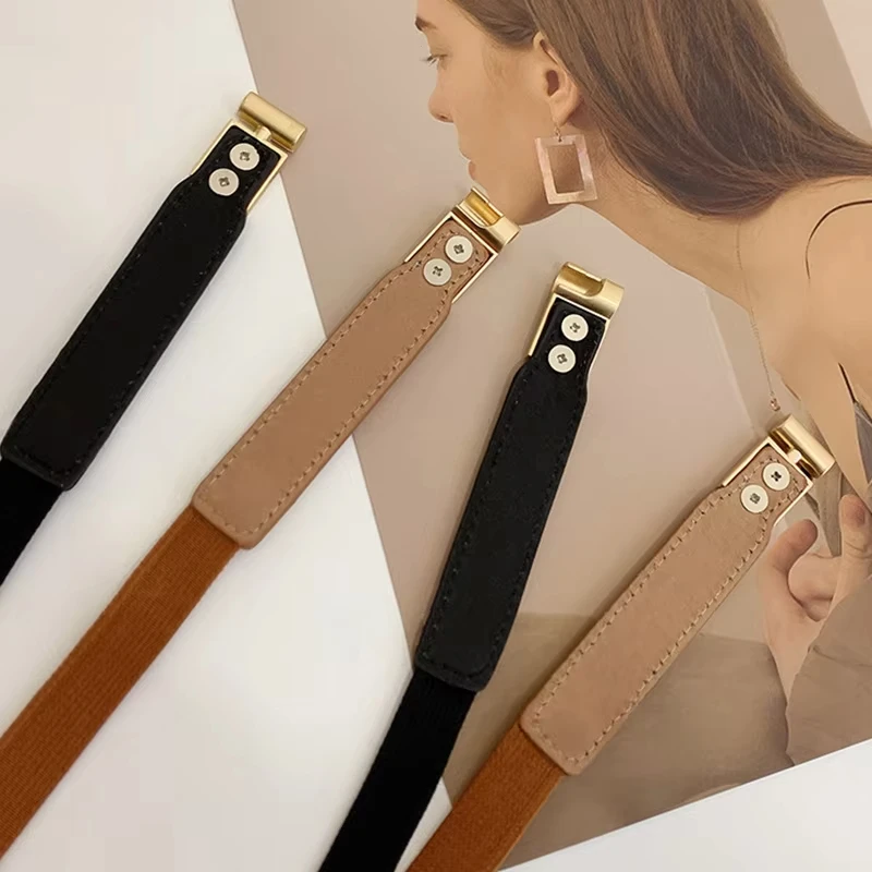 Elegant Double Pearls Buckle Elastic Women Belts Black Thin Straps Lady Girl Dress Skirt Decor Waistbands