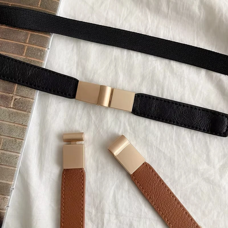 Elegant Double Pearls Buckle Elastic Women Belts Black Thin Straps Lady Girl Dress Skirt Decor Waistbands