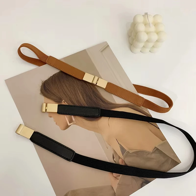 Elegant Double Pearls Buckle Elastic Women Belts Black Thin Straps Lady Girl Dress Skirt Decor Waistbands