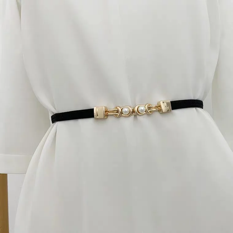 Elegant Double Pearls Buckle Elastic Women Belts Black Thin Straps Lady Girl Dress Skirt Decor Waistbands