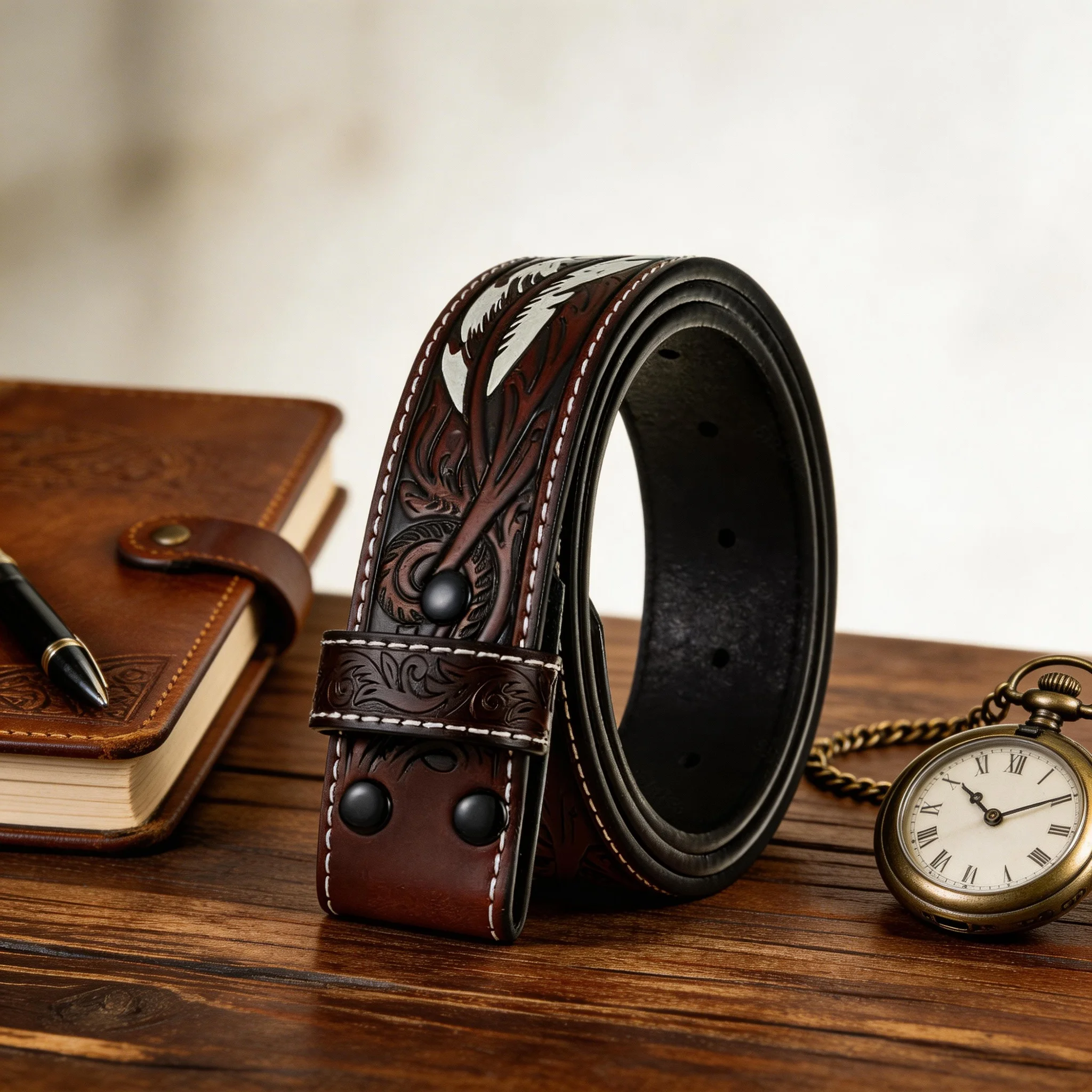 Handmade Leather Dress Belt - Retro Embossed Feather Design, Brown, Adjustable Fit for Business & Casual Wear