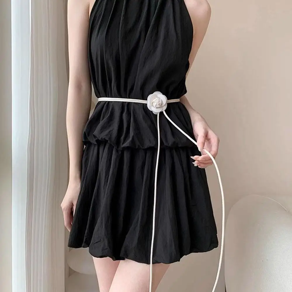 Camellia Flower Leather Rope Waist Chain For Women Thin Belt Sweet Knot Waistband Fashion Clothes Dress Decorative Girdles Strap