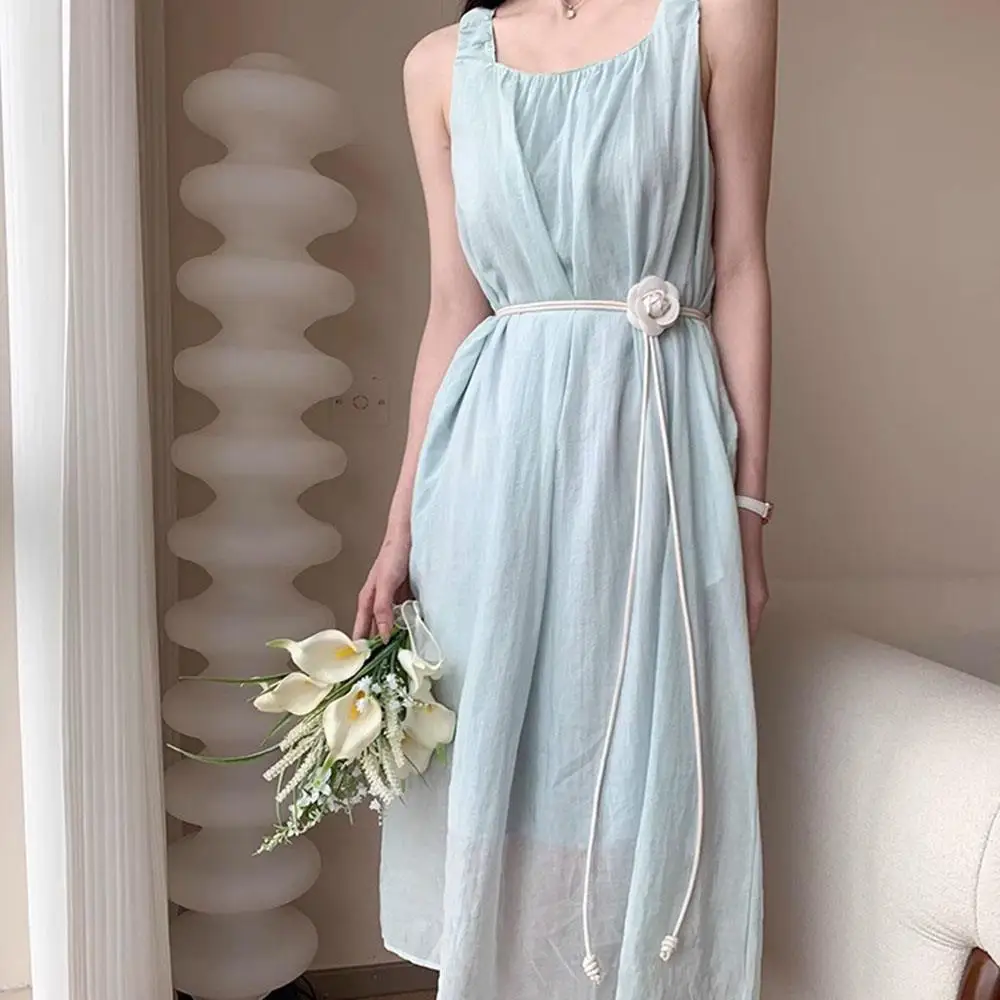 Camellia Flower Leather Rope Waist Chain For Women Thin Belt Sweet Knot Waistband Fashion Clothes Dress Decorative Girdles Strap