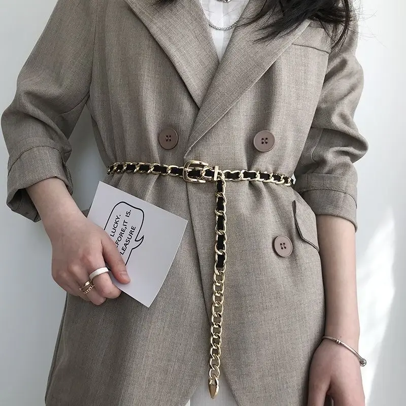 Chain Belt Women's Fashion Narrow Metal Belts Trim with Skirt Blouse Thin Waist Chain Gold Silver