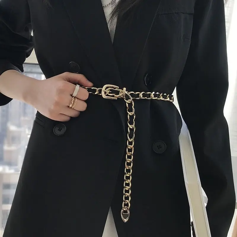 Chain Belt Women's Fashion Narrow Metal Belts Trim with Skirt Blouse Thin Waist Chain Gold Silver