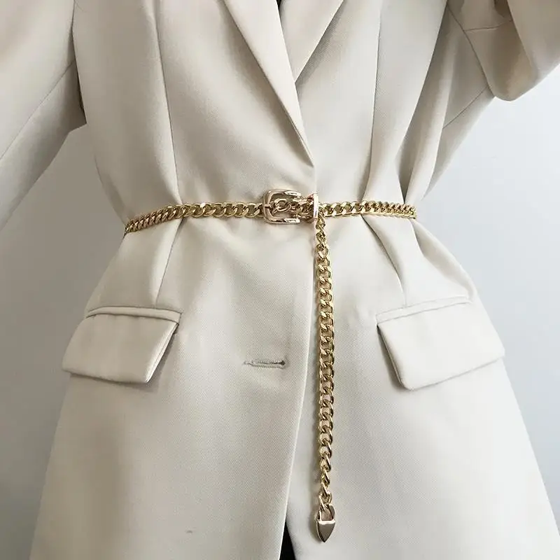 Chain Belt Women's Fashion Narrow Metal Belts Trim with Skirt Blouse Thin Waist Chain Gold Silver